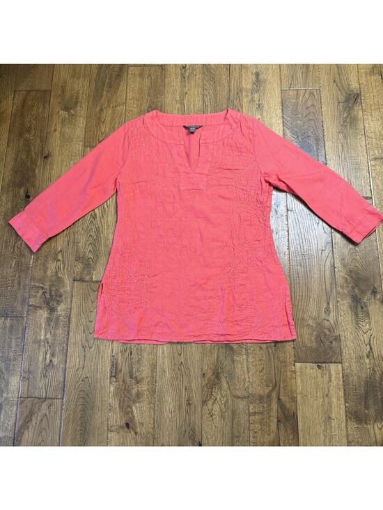 Tommy Bahama Tops - Tommy Bahama Coral Embroidered 100% Linen V-Neck 3/4 Sleeve Tunic Shirt Sz XS